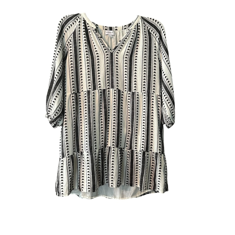 Evereve Women XL‎ Black White  Tiered Mini Carolina Dress Tunic Boho Cotton